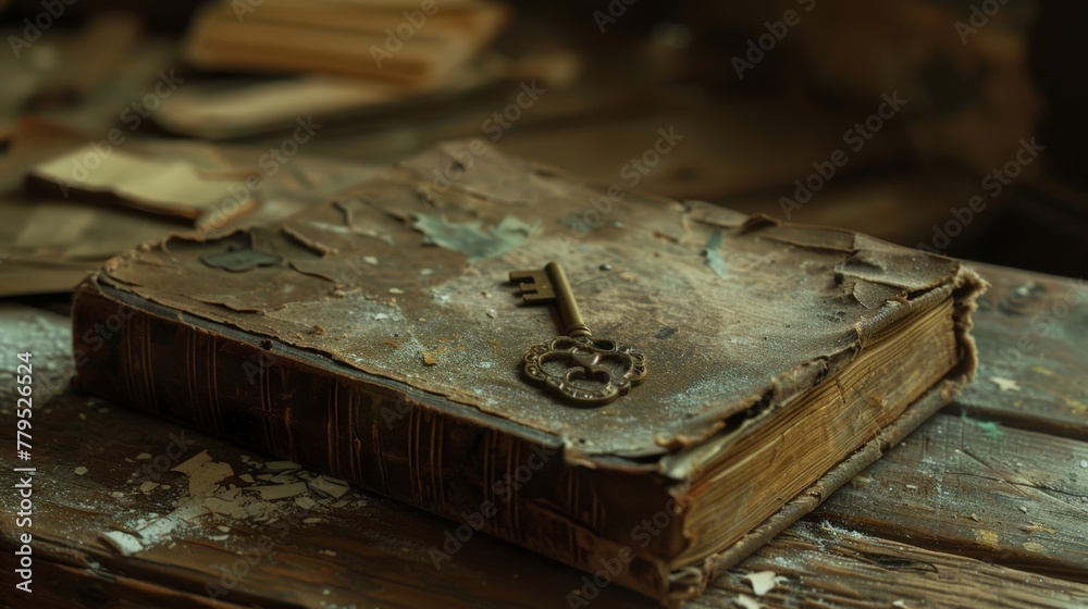 A forgotten notebook discovered in an attic, covered in dust with a single key tucked inside A forgotten notebook discovered in an attic, covered in dust with a single key tucked inside