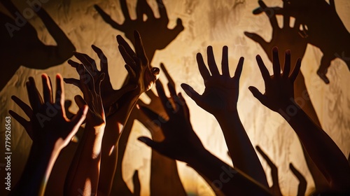 A group of diverse hands making shadow puppets on a wall, their combined shapes creating complex forms photo