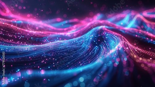 A 3D render of an abstract digital landscape, with neon blue and pink lines streaming across a dark, virtual space. Bokeh lights dot the background, simulating data packets moving at high speed. photo