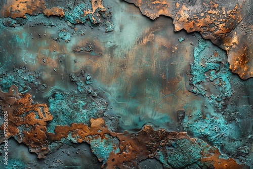 A close-up texture of aged metal with a vivid pattern of green corrosion and rust, ideal for historical or industrial-themed backgrounds.