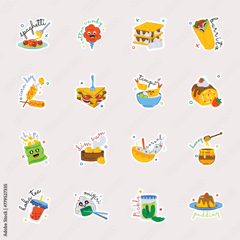Modern Set of Street Food and Desserts Flat Stickers  

