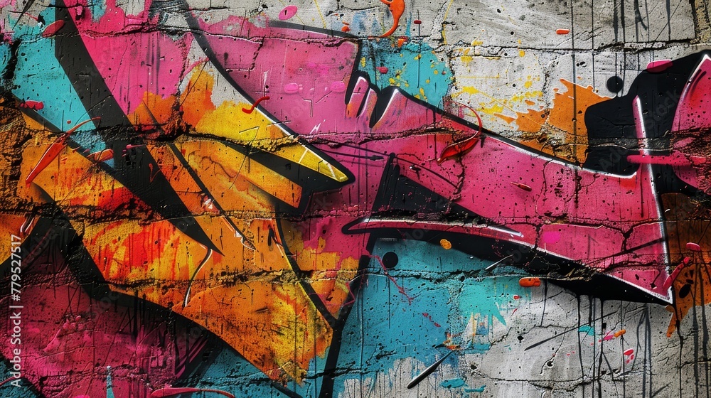 Naklejka premium urban background features an explosion of vibrant graffiti colors splattered across a concrete backdrop, embodying the raw spirit of street art.