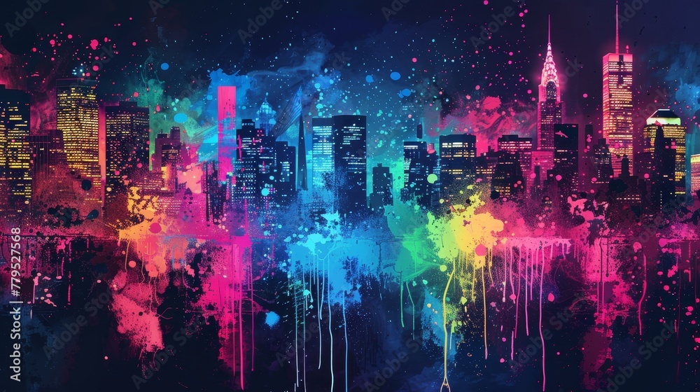 Obraz premium A vibrant artwork capturing a city's pulse with neon lights reflected on wet streets as a modern train passes by, perfect for dynamic urban themes.