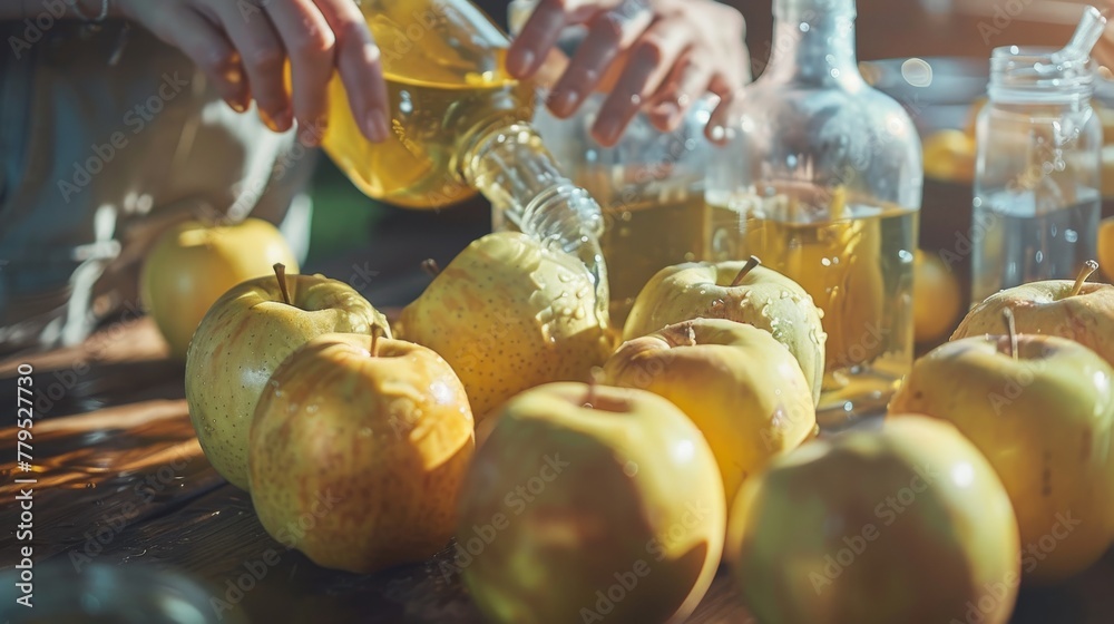 Obraz premium Woman making homemade apple cider vinegar or juice in glass bottle. Healthy organic food, fermented fruit drink. Autumn harvest concept. Home-brewing. Generative ai
