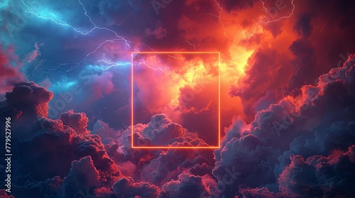 a neon diamond shape amidst a dramatic cloudscape lit by lightning, perfect for concept designs and digital art. Dramatic Abstract Cloudscape with Neon Diamond and Lightning