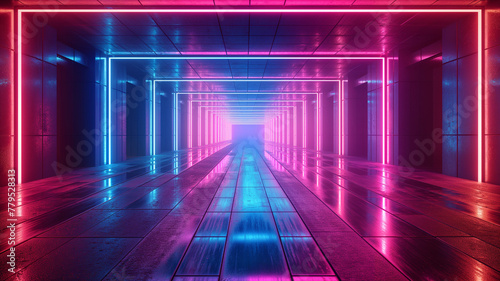 Fototapeta Naklejka Na Ścianę i Meble -  A neon colored tunnel with blue and red lights