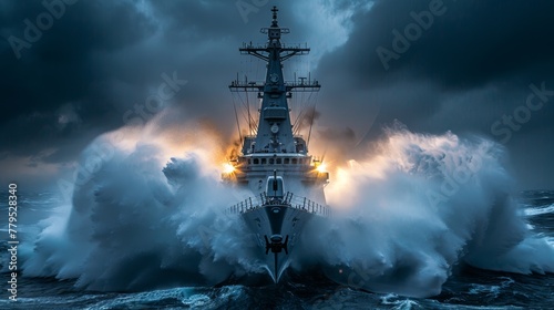 A dramatic image portraying a naval ship facing the raw power of a sea storm, with towering waves and a tempestuous sky. Ideal for themes of challenge, adventure, and resilience.