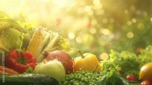 fresh vegetables and fruits with water droplets on each one of them, composed asthetically photo