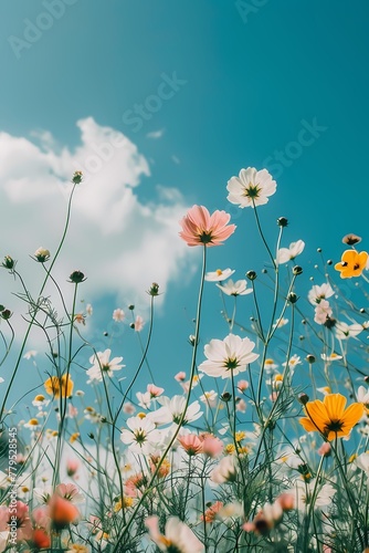 AI generated illustration of yellow and pink daisies thriving beneath a serene blue sky © Wirestock