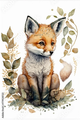 AI generated illustration of a cute fox on a foliage background in a watercolor style