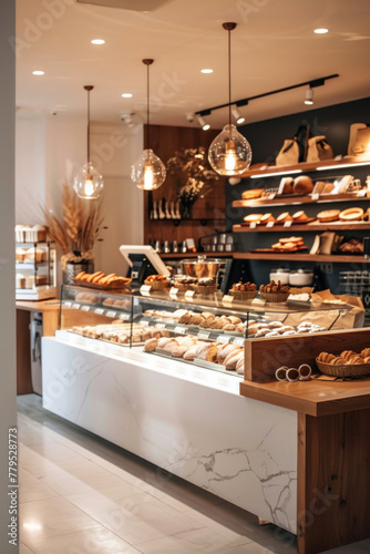 A modern bakery shop with sunlight