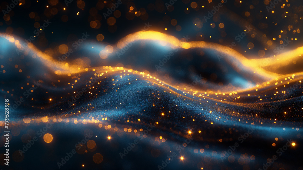 The image is a colorful, abstract representation of a wave with gold The image is a colorful, abstract representation of a wave with gold