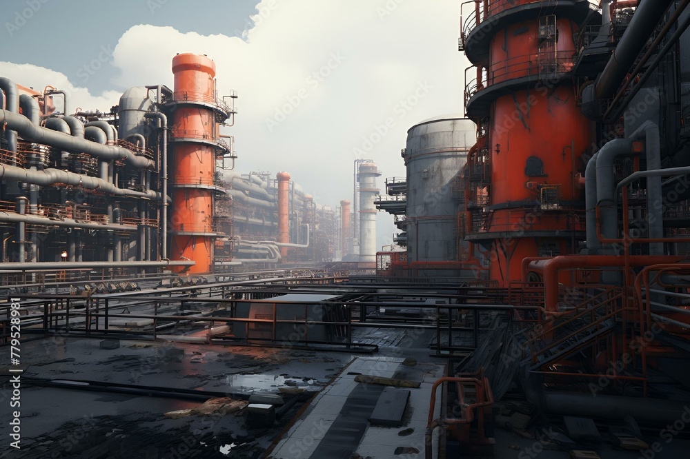 A wide view of a large industrial refinery, featuring a multitude of pipes and machinery