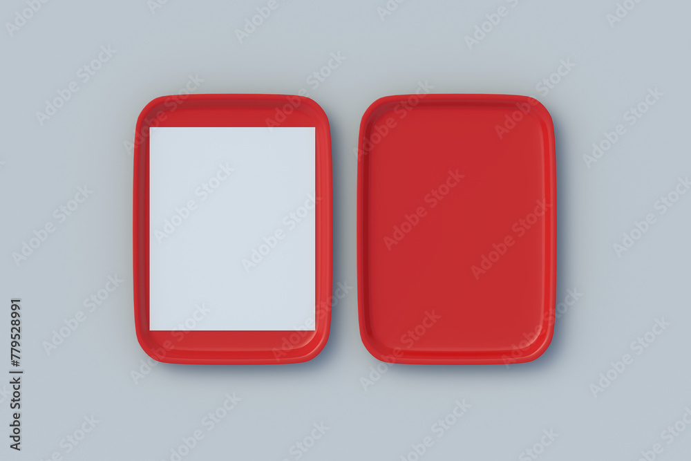 Two plastic food trays with blank white paper sheet on grey background. Empty rectangular salver. Restaurant equipment. Top view. 3d render