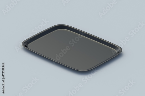 One plastic food tray on grey background. Empty rectangular salver. Restaurant equipment. 3d render