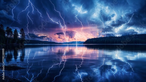 AI generated illustration of dramatic powerful lightning strikes