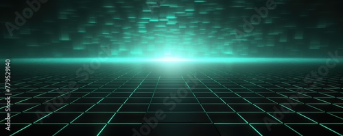 mint green light grid on dark background central perspective, futuristic retro style with copy space for design text photo backdrop