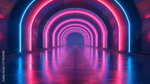 A long tunnel with neon lights that are pink and blue