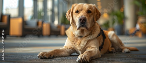 Guide dog in harness helps disabled worker in modern office. Concept Disability in the Workplace, Assistance Animals, Accessible Technology, Inclusive Work Environment, Supportive Office Culture
