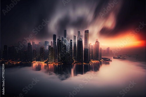 AI generated illustration of an illiminated futuristic city before a sea at night photo