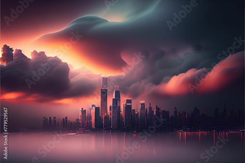 AI generated illustration of a futuristic city under the colorful clouds at night