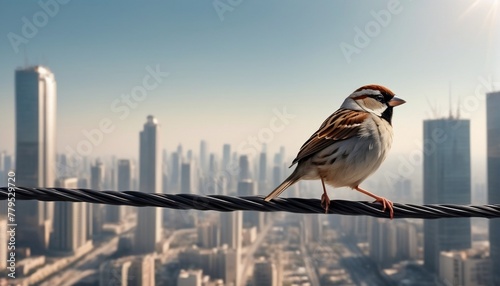 Nice bird on the electric cable in the modern city photo