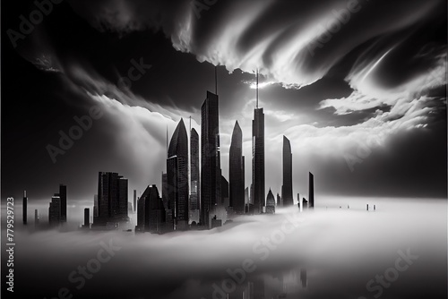 AI generated illustration of futuristic minimalist buildings above the clouds, grayscale photo