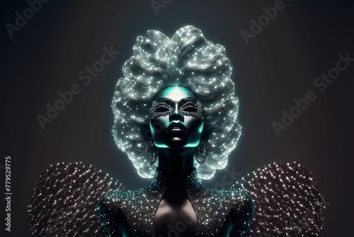 AI generated illustration of an outstanding drag queen illuminated by a colorful blue light