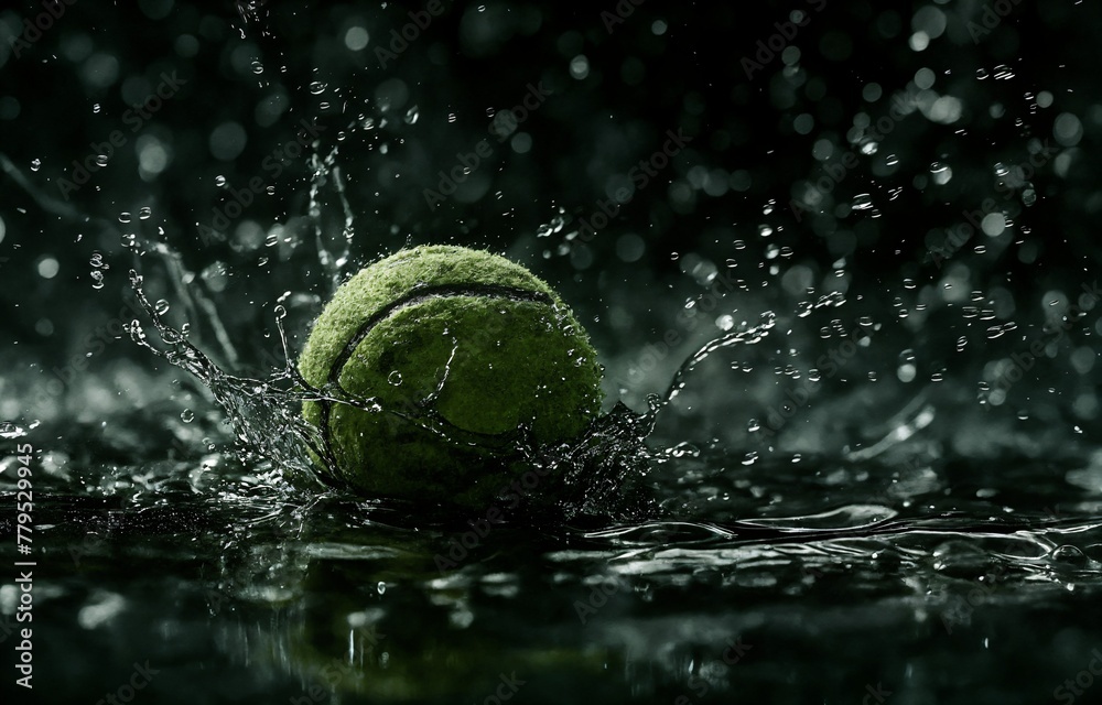 Green tennis ball splashing out of a dark pool, AI-generated.