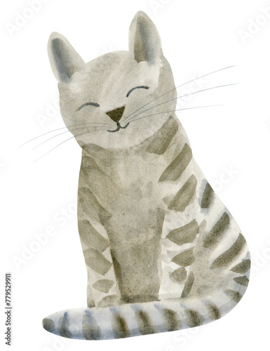 Sitting gray tabby cat painted in watercolor in sketch style isolated background. Cute pussy fluffy kitty kittens illustration. Painted animal. For fabric, sketchbook, wallpaper, wrapping