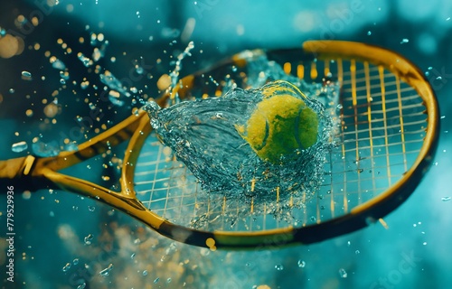 Tennis ball striking a racket, resulting in a stunning splash of water droplets, AI-generated. © Wirestock