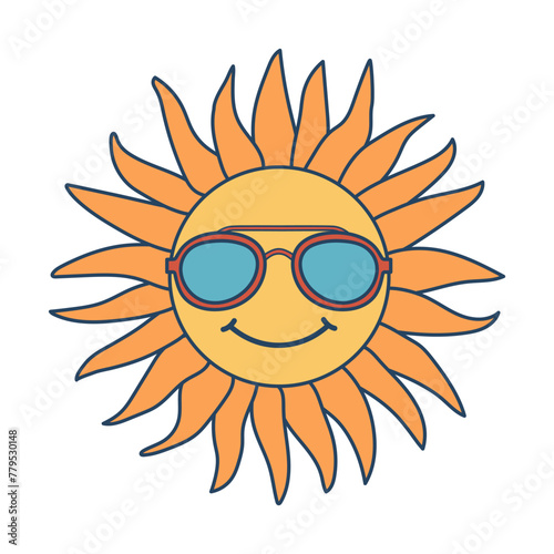 Retro groovy sun in sunglasses. Colorful cartoon psychedelic 60s, 70s style 