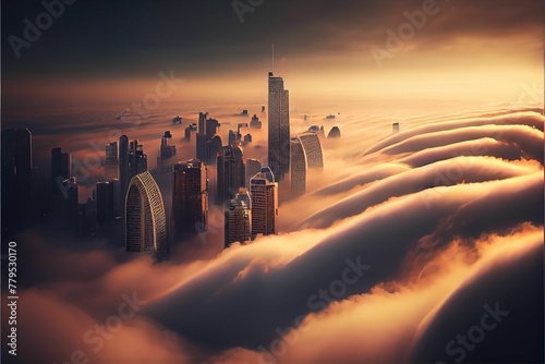 AI generated illustration of the modern city with skyscrapers on a foggy day