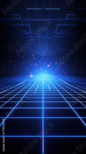 navy blue light grid on dark background central perspective, futuristic retro style with copy space for design text photo backdrop