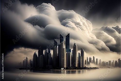 AI generated illustration of the modern city with skyscrapers on a foggy day © Wirestock