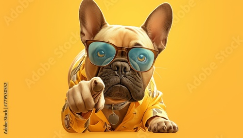 french bulldog dressed in colorful and sunglasses, pointing at the camera