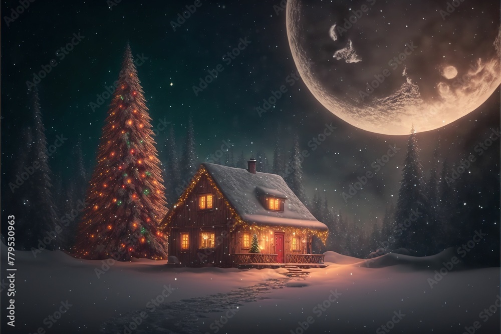 Fototapeta premium AI generated illustration of a small hut surrounded with fir trees in winter