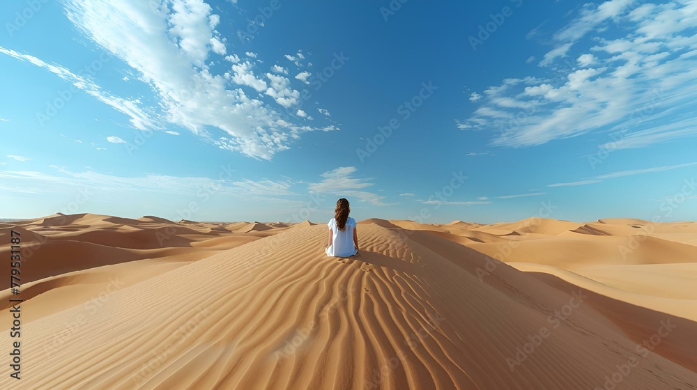 Woman seated on a sandy dune in a desert landscape, AI-generated.