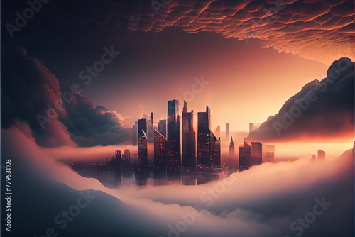 AI-generated illustration of a modern city skyline at cloudy sunset.