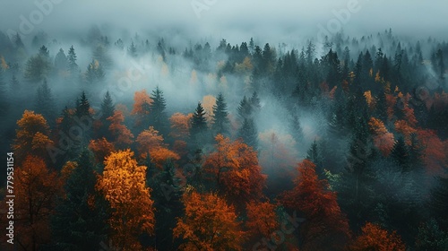 Aerial of a misty forest scene with trees in a field, AI-generated.