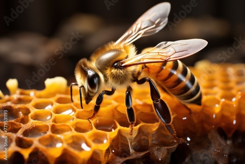 Honey bee on honeycomb close up. Generative AI