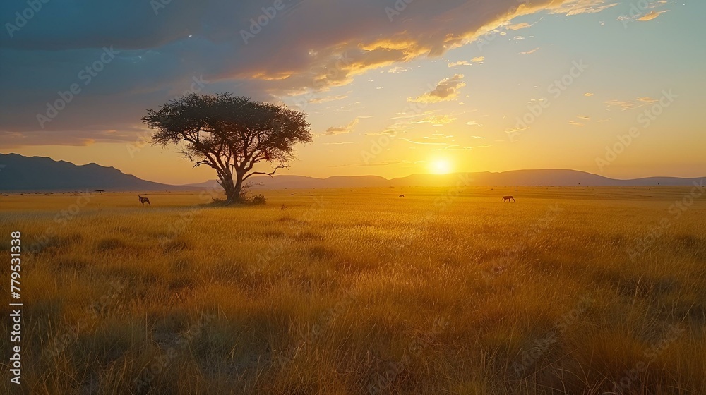 Lone tree in an open field at sunset