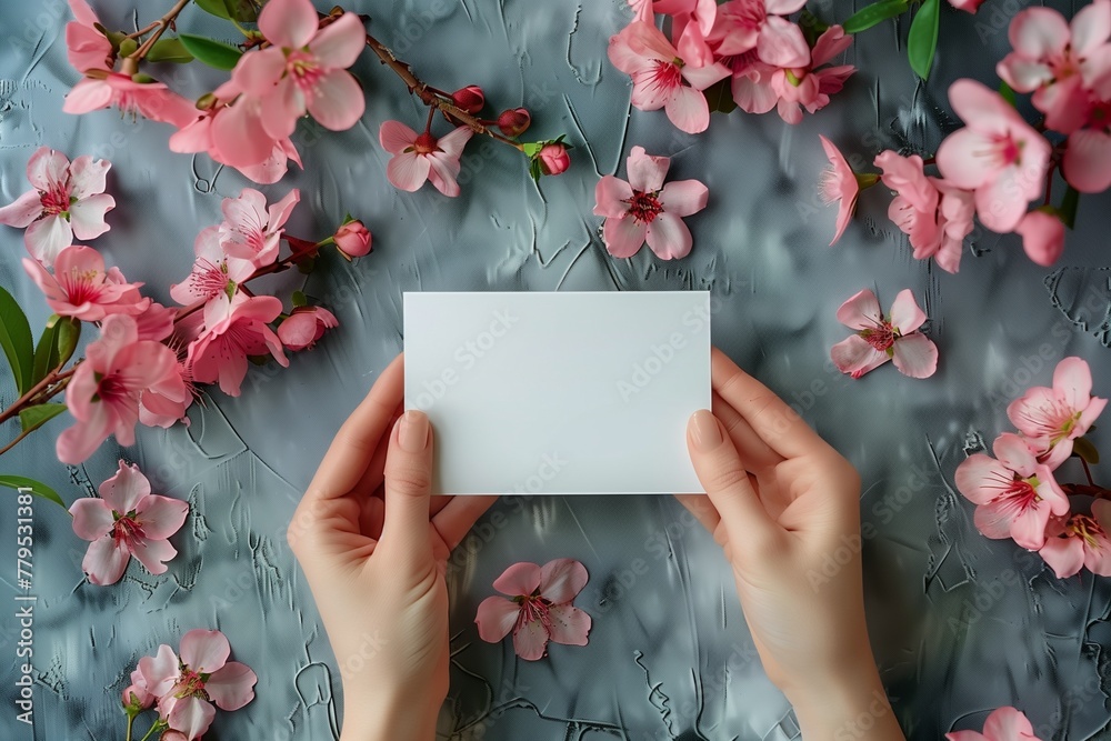 A woman's hands are holding an empty paper card on a floral pink background. Postcard mockup template with pink flowers. A woman's hands are holding an empty paper card on a floral pink background. Postcard mockup template with pink flowers.