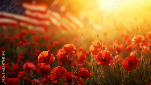 USA Memorial Day celebration with red poppies and US flags on background. photo