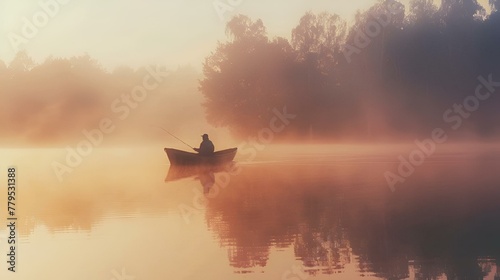 Lone figure in a canoe glides through mist on a tranquil lake, AI-generated.