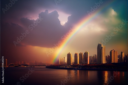 AI generated illustration of a beautiful cityscape with a rainbow over the city skylines © Wirestock