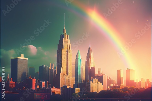 AI generated illustration of a beautiful cityscape with a rainbow over the city skylines
