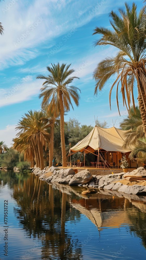 Luxurious Safari Tent Camp by Tranquil River Oasis with Lush Palm Trees