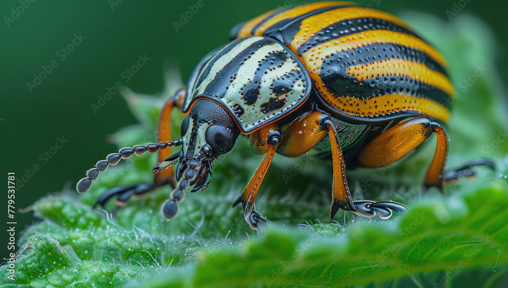 Close up of the Colorado potato beetle on an green leaf, with its distinctive black and white stripes and small dots. Close up of the Colorado potato beetle on an green leaf, with its distinctive black and white stripes and small dots.