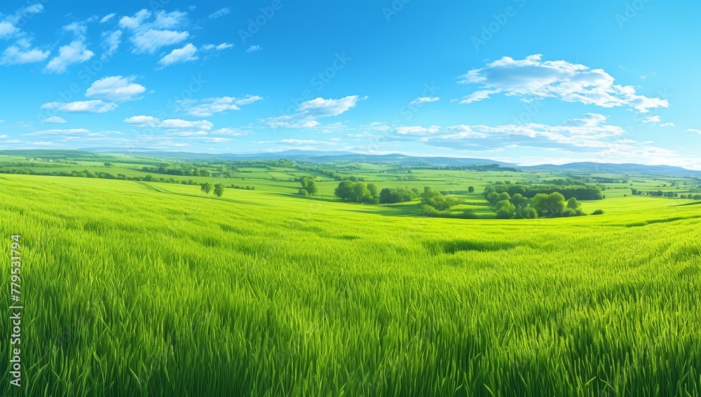 panoramic photo of beautiful green field, blue sky with white clouds, wild flowers